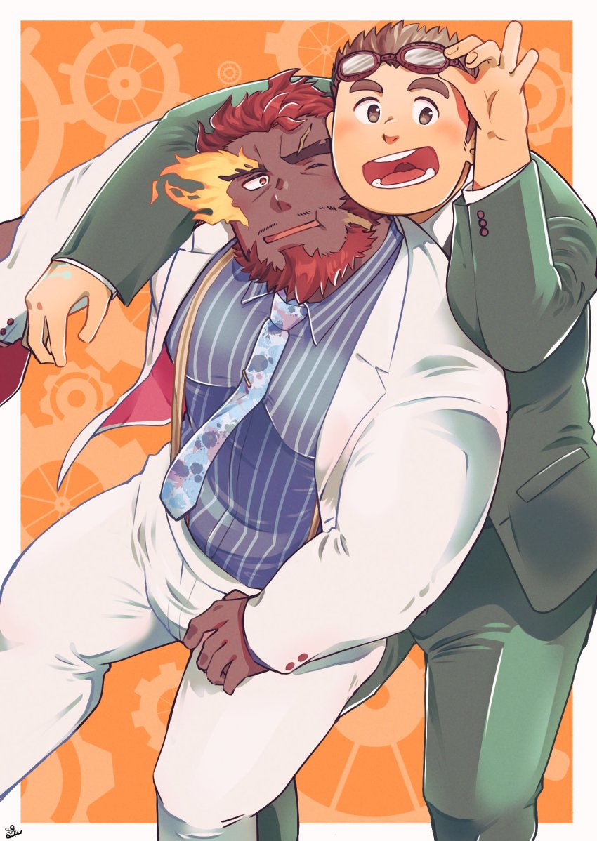 2boys bara beard blush commentary_request dark-skinned_male dark_skin eyebrow_cut facial_hair flaming_eye goggles goggles_on_head hephaestus_(housamo) highres kajiya_kurogane large_pectorals long_sideburns male_focus mature_male multiple_boys muscular muscular_male orange_background outside_border pectorals red_eyes sawch_cls short_hair sideburns smile thick_eyebrows tokyo_houkago_summoners