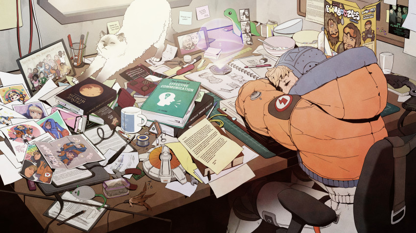 1girl absurdres apex_legends blonde_hair blue_bodysuit blue_headwear bodysuit book cat cereal_box commentary cup desk english_commentary english_text facial_scar highres hologram hood hooded_jacket jacket jelart charm_(object) lightning_bolt_symbol loot_tick luc_paquette messy_room mirage_(apex_legends) nikola_(apex_legends) official_art orange_jacket photo_(object) promotional_art scar scar_on_cheek scar_on_face sleeping solo stuffed_toy usb wattson_(apex_legends) hope&#039;s_dusk_(apex_legends) wraith_(apex_legends)