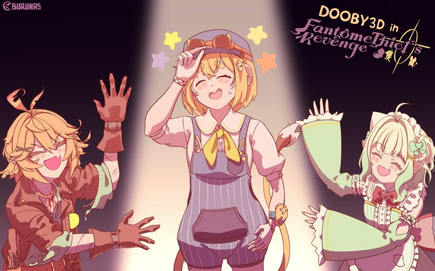 3girls absurdres adjusting_clothes adjusting_headwear ahoge antenna_hair apron arm_at_side arm_up artist_name ascot belt belt_buckle black_gloves black_jacket blonde_hair blue_hat blue_overalls blue_shirt blue_undershirt blush blush_stickers bow bowtie breasts brown_belt buckle buruhas character_name closed_eyes collarbone collared_jacket collared_shirt commentary cowboy_shot crossed_bangs detached_collar detached_sleeves dokibird_(vtuber) dokibird_(vtuber)_(bounty_hunter) dooby_(vtuber) dress english_text fang feather_hair frilled_apron frilled_headwear frills ghost glasses gloves goggles goggles_on_headwear gradient_hair green_bow green_dress green_hair green_sleeves gun hair_bow hair_ornament hand_up handgun hat headdress highres holster indie_virtual_youtuber jacket long_sleeves maid maid_apron maid_headdress medium_hair mint_fantome mint_fantome_(minto_2.0) mouse_girl mouse_tail multicolored_hair multiple_girls neckerchief open_clothes open_jacket open_mouth orange_neckerchief overalls red_bow red_bowtie revolver scar scar_on_arm shirt sidelocks skin_fang three-quarter_sleeves small_breasts smile spotlight star_(symbol) straight-on straight_hair sunglasses tail teeth tinted_eyewear tongue train_conductor undershirt upper_body upper_teeth_only virtual_youtuber weapon white_apron white_gloves white_hair white_headdress white_shirt x_hair_ornament yellow-tinted_eyewear yellow_ascot