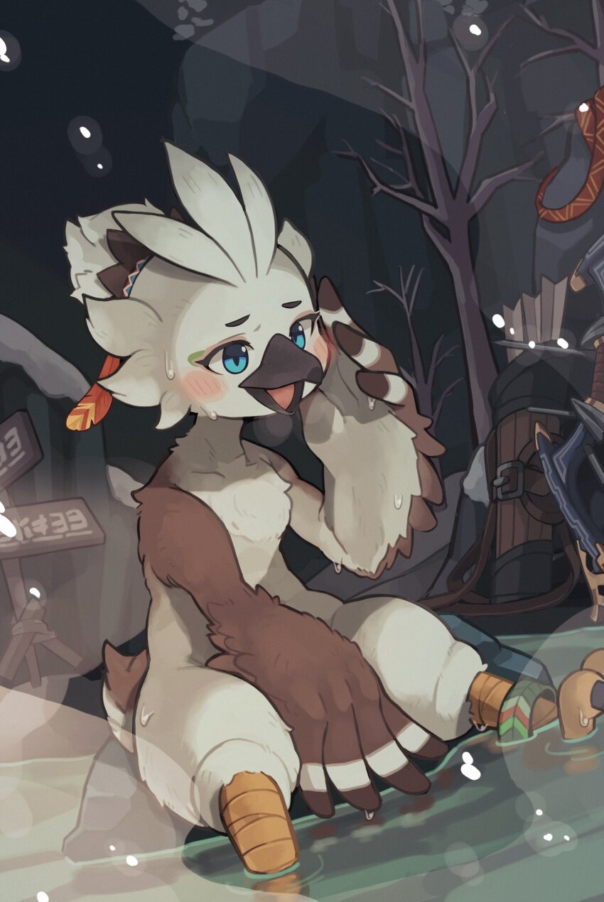 1boy aaarkgkaaa anklet beak bird_boy blue_eyes blush bow_(weapon) furry furry_male highres jewelry male_focus nintendo nude onsen open_mouth quiver rito sitting soaking_feet solo talons the_legend_of_zelda the_legend_of_zelda:_tears_of_the_kingdom tree tulin_(zelda) unworn_clothes weapon wet winged_arms wings