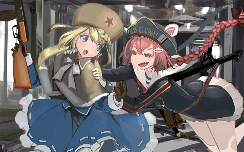 2girls animal_hat blonde_hair blue_eyes blue_skirt blush bow braid brown_gloves capelet clothes_writing cyrillic drum_magazine eyelashes fang freckles fur_hat girls&#039;_frontline gloves gun gun_sling hair_between_eyes hair_bobbles hair_ornament hairclip hat holding holding_gun holding_weapon indoors jacket kesomaru long_hair long_sleeves low_twintails magazine_(weapon) military military_uniform miniskirt multiple_girls open_mouth pink_eyes pink_hair pps-43 pps-43_(girls&#039;_frontline) ppsh-41 ppsh-41_(girls&#039;_frontline) red_star sailor_hat shirt short_eyebrows single_braid skirt star_(symbol) striped_clothes striped_shirt submachine_gun telnyashka thighhighs twintails ushanka very_long_hair weapon white_gloves white_legwear