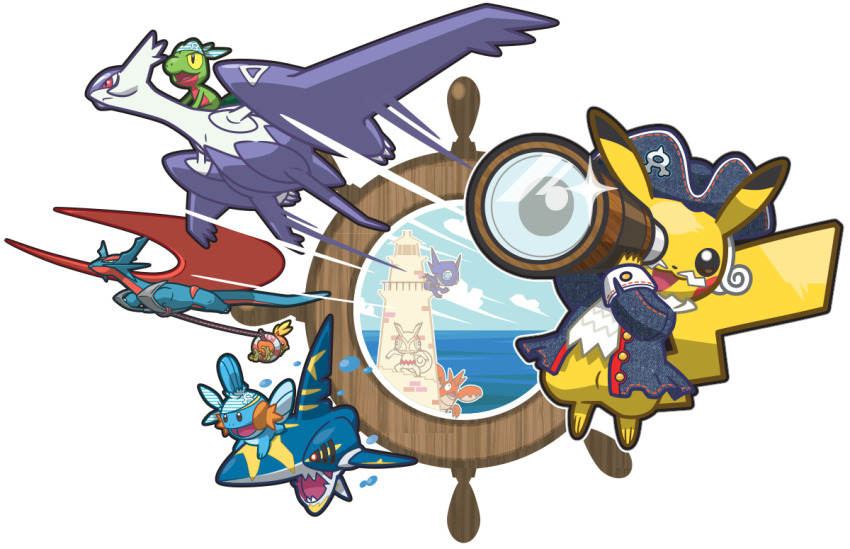 2015 corphish dragon dragon_wings flying gen_1_pokemon gen_3_pokemon happy hat kecleon latios legendary_pokemon looking_at_viewer mega_latios mega_pokemon mega_salamence mega_sharpedo mudkip nintendo no_humans ocean official_alternate_costume official_art pikachu pirate_costume pirate_hat pokemon pokemon_(creature) pokemon_tcg riding riding_pokemon sableye salamence sharp_teeth sharpedo team_aqua teeth torchic treecko water wings
