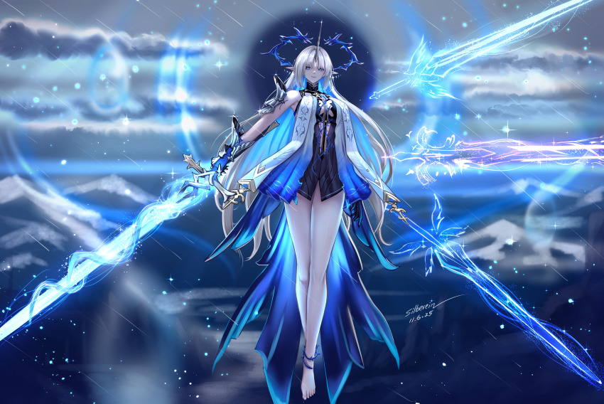 1girl absurdres bare_shoulders barefoot black_collar black_dress blonde_hair blue_eyes blue_hair breasts closed_mouth collar colored_inner_hair commentary crown_of_thorns dated dress english_commentary feet fleurdelys_(wuthering_waves) floating floating_object floating_sword floating_weapon full_body highres holding holding_sword holding_weapon horns large_breasts legs long_hair long_horns looking_at_viewer multicolored_hair signature silberein single_horn solo sword tabard tacet_mark_(wuthering_waves) toes very_long_hair weapon white_tabard wuthering_waves yellow_horns