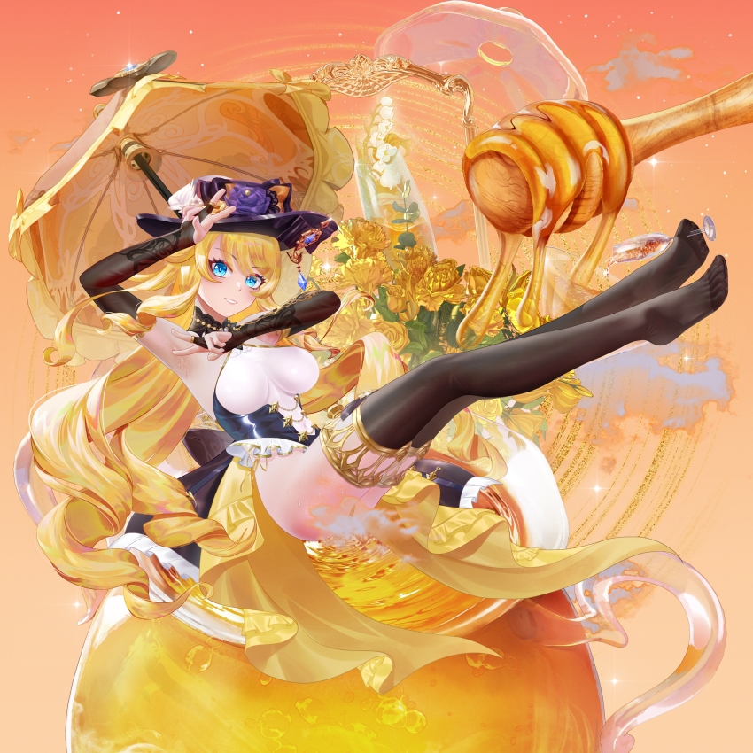 1girl absurdres adapted_costume arm_up armpits black_bridal_gauntlets black_collar black_corset black_hat black_thighhighs blonde_hair blue_eyes breasts bridal_gauntlets chinese_commentary collar commentary_request corset covered_navel cup dekidd17219 double_v drinking_glass flower genshin_impact hat highleg highleg_leotard highres honey honey_dipper large_breasts legs legs_up leotard long_hair navia_(genshin_impact) no_shoes parasol solo thighhighs thighs toes umbrella v very_long_hair white_leotard yellow_flower yellow_theme