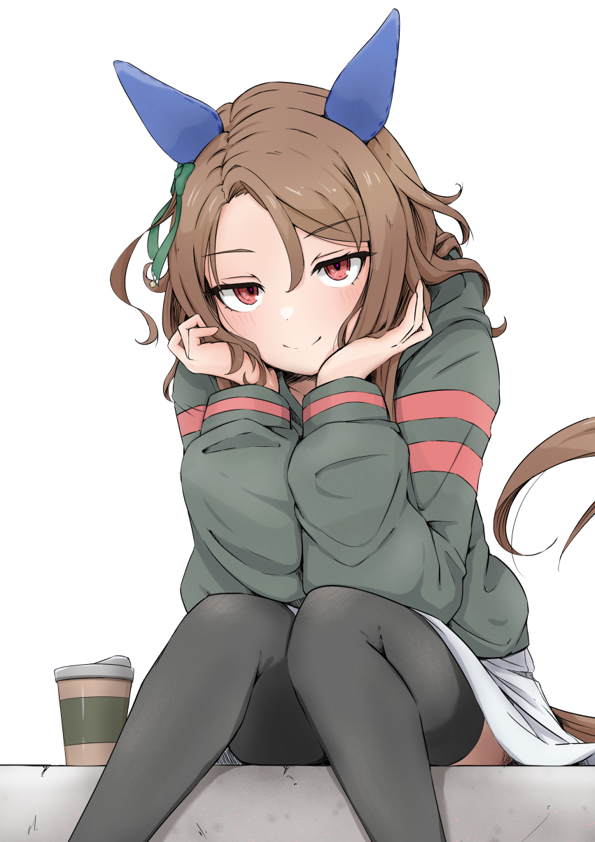 1girl absurdres animal_ears black_jacket black_thighhighs blush brown_hair brown_tail closed_mouth commentary_request cup ear_covers green_ribbon hair_ornament head_rest highres horse_ears horse_girl horse_tail jacket king_halo_(umamusume) knees_together_feet_apart looking_at_viewer medium_hair red_eyes ribbon shijimi_(sijimi1917) simple_background sitting skirt smile solo tail thighhighs umamusume white_background white_skirt