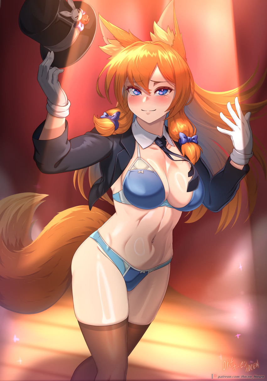 1girl animal_ear_fluff animal_ears artist_name black_hat black_jacket black_necktie blue_bow blue_bra blue_eyes blue_panties blush bow bra breasts brown_thighhighs cleavage closed_mouth collarbone commentary commentary_request covered_navel cowboy_shot detached_collar english_commentary eyelashes fox_ears fox_girl fox_tail gloves groin hair_between_eyes hair_bow hat highres holding holding_unworn_clothes holding_unworn_hat jacket kitsu_(vilde_loh_hocen) large_variant_set leotard light_smile long_hair long_sleeves looking_at_viewer medium_breasts mixed-language_commentary necktie open_clothes open_jacket orange_hair original panties patreon_logo patreon_username playboy_bunny solo spotlight stage tail thighhighs top_hat underwear unworn_hat unworn_headwear variant_set vilde_loh_hocen watermark web_address white_gloves