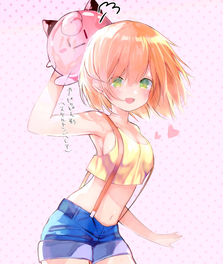 1girl :o bad_hand blue_shorts blush breasts cleavage clefairy crop_top gen_1_pokemon green_eyes hand_up highres jigglypuff looking_at_viewer medium_breasts misty_(pokemon) nintendo orange_hair pink_background pokemon pokemon_(anime) pokemon_(classic_anime) pokemon_(creature) short_hair shorts standing suspenders