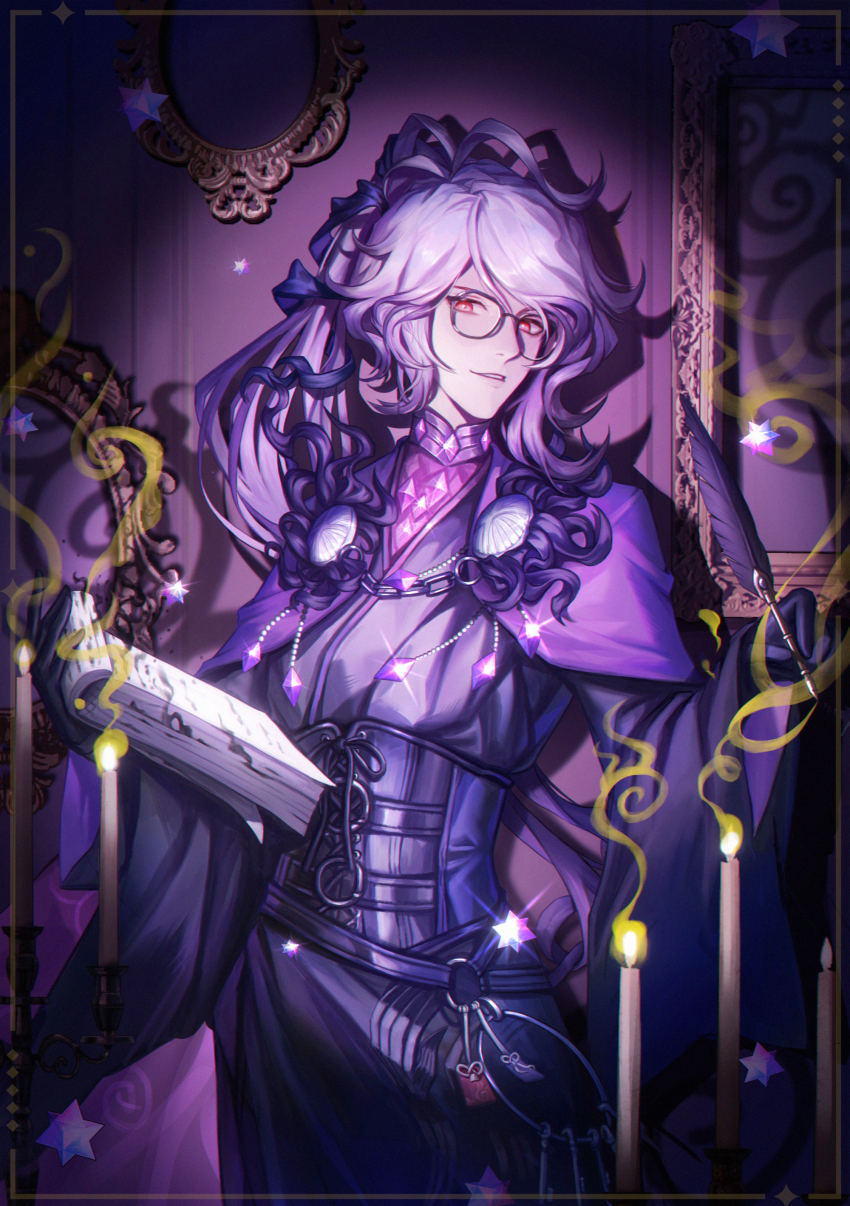1boy absurdres black_corset black_gloves black_kimono blue_ribbon candle chromatic_aberration corset cross-laced_clothes cross-laced_corset edmond_dantes_(fate) empty_picture_frame fate/grand_order fate_(series) feather_nib_pen film_grain fire gem glasses glint gloves hair_ribbon hands_up haori highres holding holding_paper holding_pen japanese_clothes key keyring kimono long_hair long_sleeves looking_at_viewer male_focus nib_pen_(object) official_alternate_costume omamori paper paper_stack parted_lips pen picture_frame ponytail purple_gemstone purple_hair purple_haori purple_theme qingyuan red_eyes ribbon round_eyewear saint_quartz_(fate) smile solo standing the_count_of_monte_cristo_(fate) the_count_of_monte_cristo_(exhibition_attire)_(fate) wide_sleeves