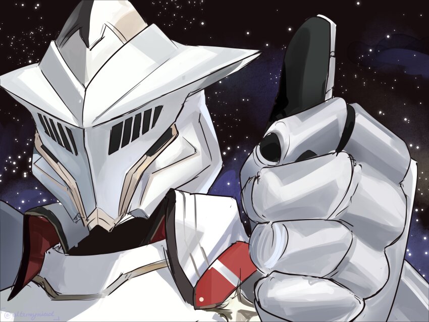 1boy altermyniad arknights armor artist_name commentary english_commentary gundam helmet highres male_focus parody sankta_miksaparato_(arknights) solo space star_(sky) thumbs_up tobita_nobuo twitter_username upper_body voice_actor_connection zeta_gundam
