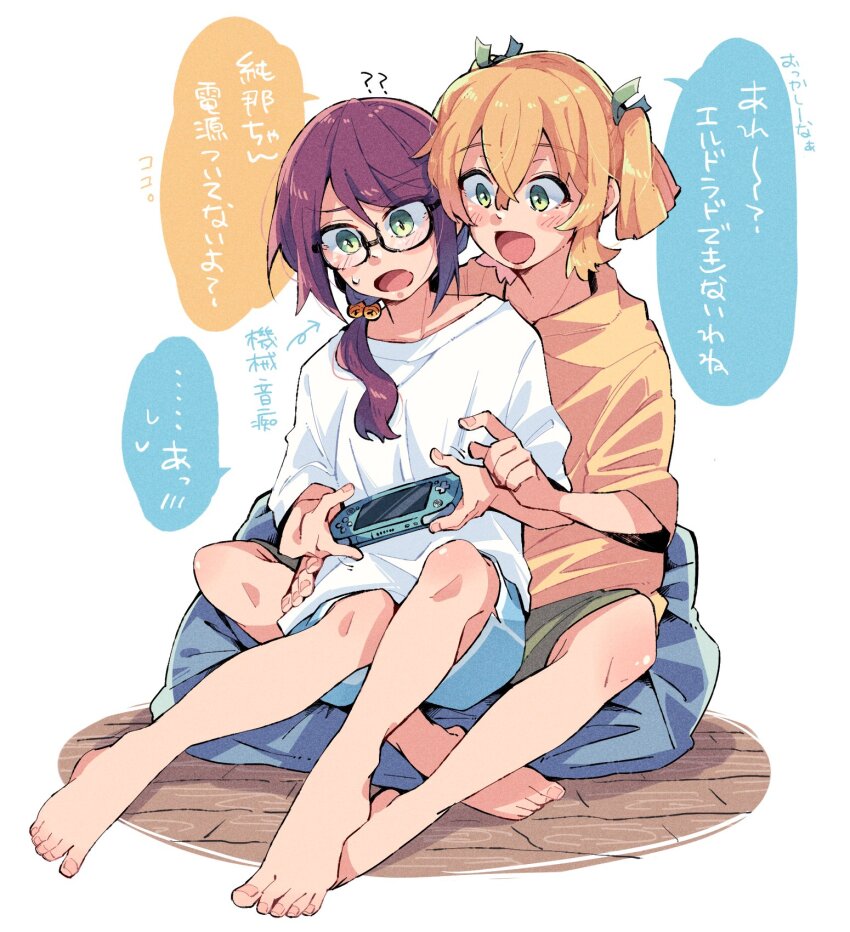 2girls :d ? ?? barefoot bbr_brbr bean_bag_chair behind_another bell black-framed_eyewear blonde_hair blue_shorts blush commentary daiba_nana fingernails full_body glasses green_eyes green_ribbon green_shorts hair_bell hair_between_eyes hair_ornament hair_ribbon hand_on_another&#039;s_head handheld_game_console hands_up heads_together highres holding holding_handheld_game_console hoshimi_junna jingle_bell knees_together_feet_apart light_bulb long_hair looking_at_object looking_down multiple_girls nintendo_switch open_mouth purple_hair ribbon shirt short_hair short_sleeves short_twintails shorts shoujo_kageki_revue_starlight three-quarter_sleeves smile speech_bubble spoken_light_bulb spoken_sweatdrop sweatdrop toenails translated twintails white_background white_shirt wooden_floor yellow_shirt yuri