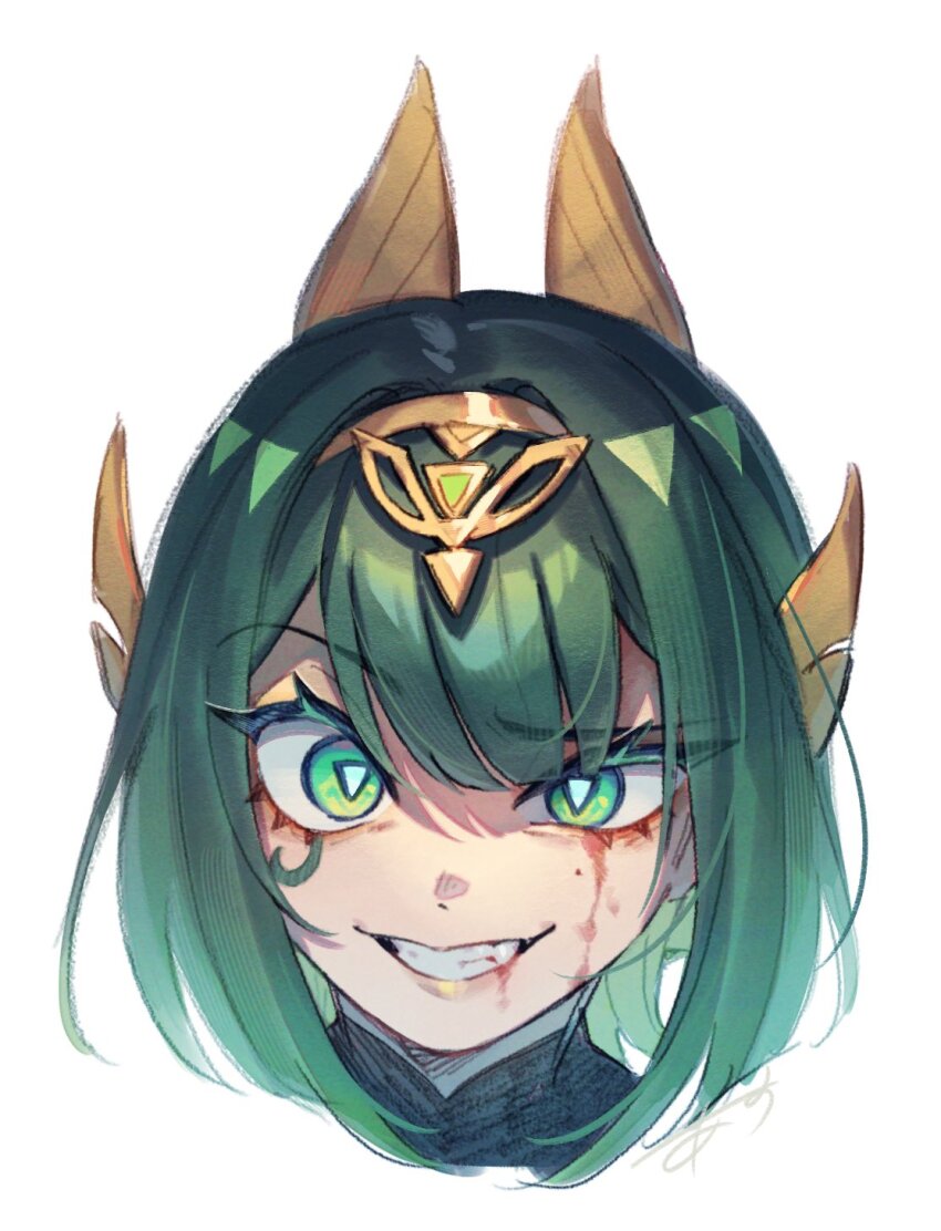 1girl bright_pupils commentary_request genshin_impact green_eyes green_hair grin highres looking_at_viewer mole mole_under_eye nefer_(genshin_impact) short_hair simple_background smile solo ukata uneven_eyes white_background