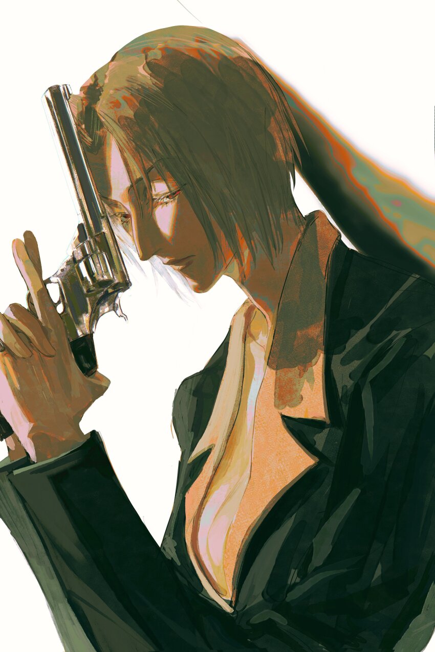 1girl absurdres aquiline_nose black_jacket blonde_hair brown_eyes closed_mouth collarbone collared_jacket czyw frown gun highres holding holding_gun holding_weapon hunter_x_hunter jacket looking_to_the_side medium_hair no_shirt nose pakunoda simple_background solo weapon white_background