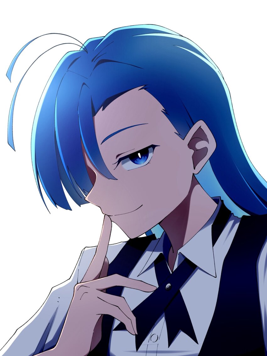 1girl ado_(utaite) ahoge black_ribbon black_vest blue_eyes blue_hair collared_shirt commentary hair_between_eyes highres long_hair looking_at_viewer merry_(ado) neck_ribbon nori_(norinori_yrl) readymade_(ado) ribbon shirt simple_background solo upper_body vest white_background white_shirt