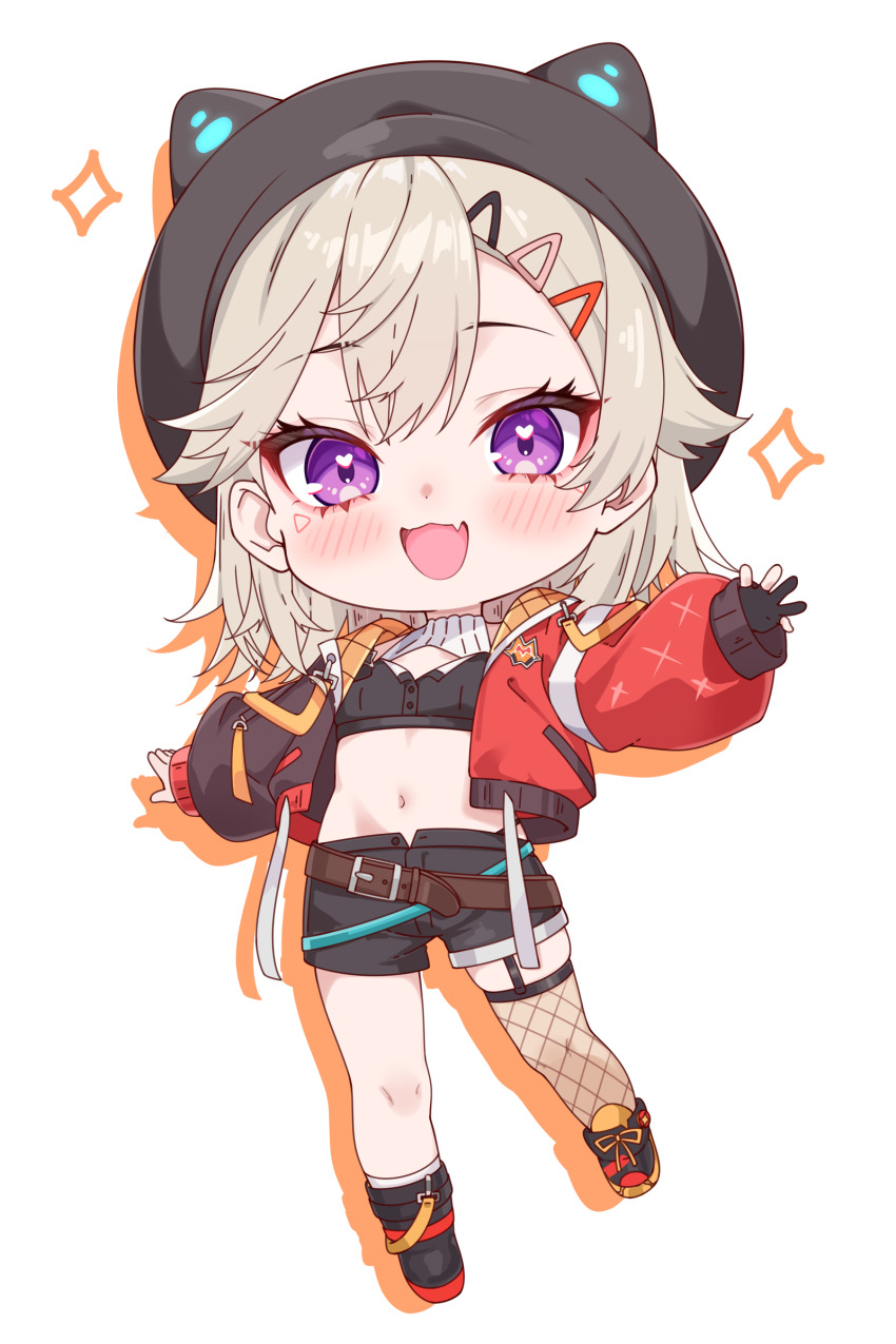 1girl absurdres amaki_daisuke animal_hat belt black_gloves black_hat black_shorts blonde_hair blush brown_belt cat_hat chibi chibi_only commentary cropped_jacket drop_shadow facial_mark fang fingerless_gloves fishnet_thighhighs fishnets full_body gloves hair_ornament hairclip hat heart heart_in_eye highres jacket komori_met komori_met_(5th_costume) looking_at_viewer navel open_clothes open_jacket open_mouth purple_eyes shoes shorts simple_background single_thighhigh skin_fang solo sparkle symbol_in_eye thighhighs virtual_youtuber vspo! white_background
