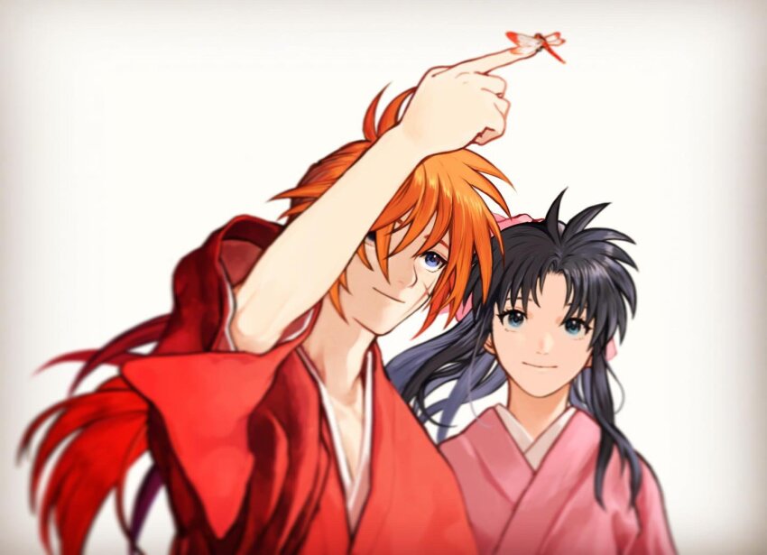 1boy 1girl arm_up blue_eyes bug closed_mouth cross_scar dragonfly facial_scar hair_ribbon high_ponytail himura_kenshin insect japanese_clothes kamiya_kaoru kimono long_hair low_ponytail mame_moyashi orange_hair pink_kimono pink_ribbon ponytail red_kimono ribbon rurouni_kenshin scar scar_on_cheek scar_on_face smile upper_body wide_sleeves