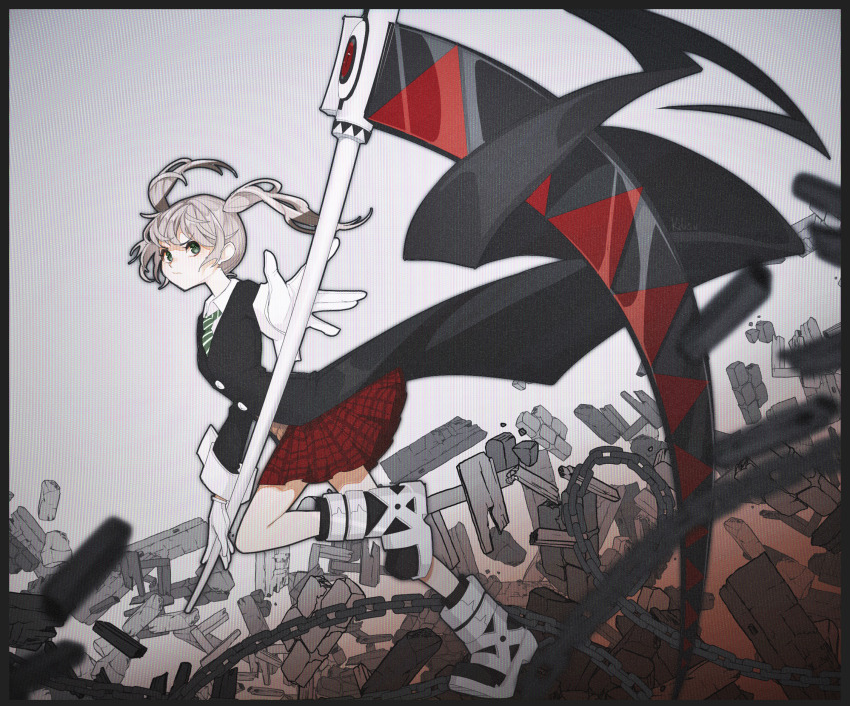 blonde_hair chain collared_shirt fighting gloves gradient_filter green_eyes green_necktie highres holding holding_weapon kitsu_(skydiverfox) maka_albarn necktie plaid_clothes plaid_skirt rubble shirt skirt soul_eater striped_necktie twintails weapon white_gloves white_shirt