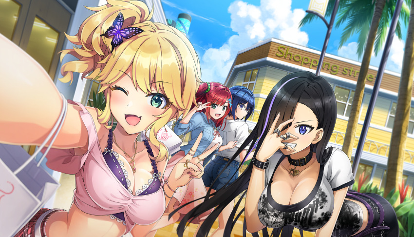 4girls black_hair black_pants blonde_hair blue_cardigan blue_eyes blue_hair blush bra bra_peek breasts butterfly_hair_ornament cardigan chuunibyou cleavage clenched_teeth crop_top denim denim_shorts dolphin_hair_ornament dolphin_wave dutch_angle fang game_cg glasses green_eyes green_scrunchie hair_intakes hair_ornament hair_over_one_eye hair_scrunchie hand_over_face highres izumi_kiri kurose_minami large_breasts leaning_forward long_hair long_skirt looking_at_viewer medium_breasts miniskirt multiple_girls non-web_source official_art one_side_up ootomo_takuji open_mouth outdoors pants pink_skirt purple_hair purple_streaks red_hair sakimiya_iruka scrunchie selfie shirt short_hair shorts side_ponytail single_hair_streak skin_fang skirt smile sunlight teeth tojou_michiru underwear v white_shirt