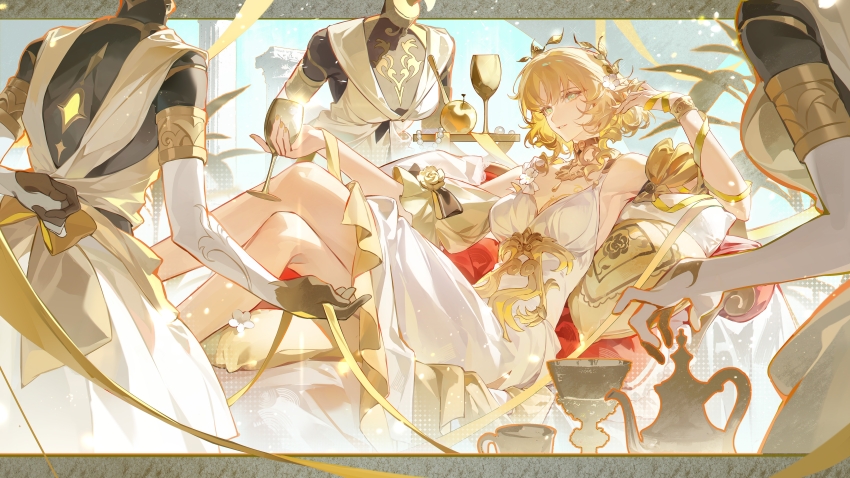 1girl absurdres aglaea_(honkai:_star_rail) ancient_greek_clothes apple blonde_hair breasts chinese_commentary cleavage commentary_request couch crossed_legs cup dress food fruit golden_apple greco-roman_clothes green_eyes highres holding holding_cup honkai:_star_rail honkai_(series) large_breasts laurel_crown mannequin on_couch sanyue_qiushi short_hair stone_pillar white_dress
