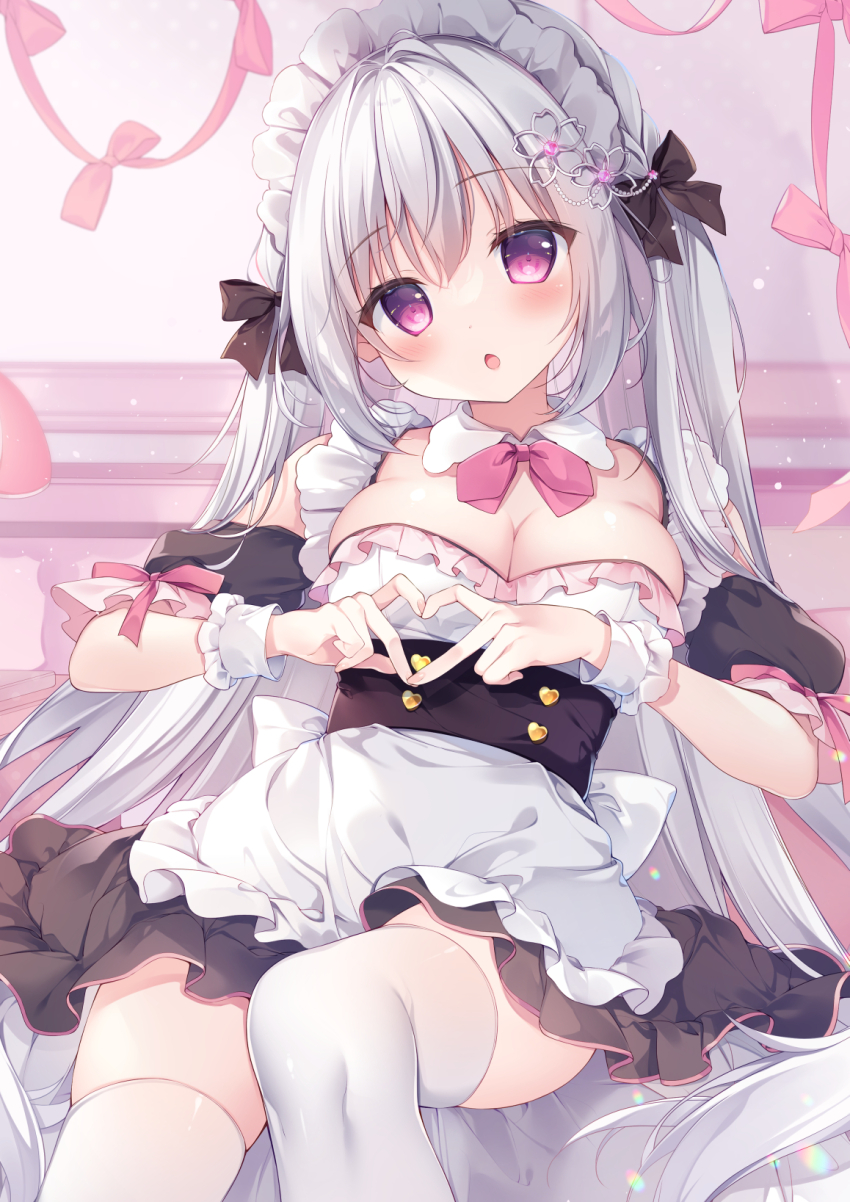 1girl apron bare_shoulders black_bow black_dress blush bow bowtie breasts cleavage collarbone detached_collar dress frills grey_hair hair_bow hair_ornament heart heart_hands highres large_breasts long_hair looking_at_viewer maid maid_apron maid_headdress open_mouth original pink_bow pink_bowtie purple_eyes shirosei_mochi solo thighhighs twintails very_long_hair white_apron white_thighhighs wrist_cuffs