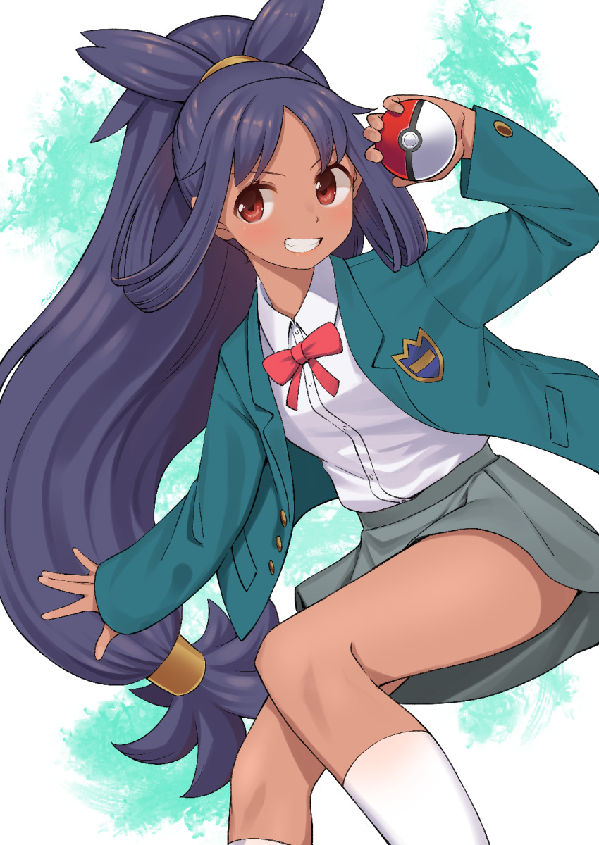 1girl alternate_hairstyle bow bowtie brown_eyes collared_shirt commentary_request commission couzone creatures_(company) game_freak grin hair_rings hand_up highres holding holding_poke_ball iris_(pokemon) jacket knees long_hair long_sleeves low-tied_long_hair nintendo open_clothes open_jacket pixiv_commission poke_ball poke_ball_(basic) pokemon pokemon_(anime) pokemon_bw_(anime) ponytail red_bow red_bowtie school_uniform shirt skirt smile socks solo teeth very_long_hair white_shirt white_socks