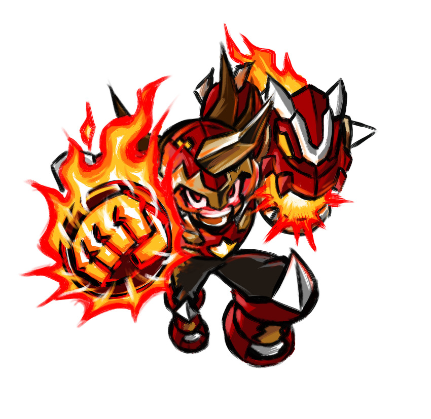 1boy arm_cannon armor black_bodysuit bodysuit chibi clenched_hand fire full_body geo_stelar_(mega_man) helmet highres horns itagaki_masaya male_focus mega_man_(series) mega_man_star_force_(series) red_armor red_eyes red_helmet simple_background single_horn solo star_force_mega_man weapon white_background