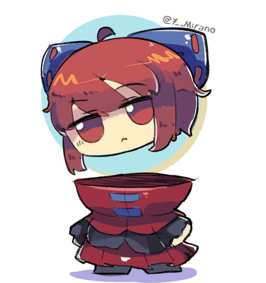 7-mirano artist_name black_shirt blue_bow bow cape character_doll disembodied_head doll floating_head fumo_(doll) hair_bow highres jitome long_sleeves looking_at_viewer red_eyes red_hair red_skirt sekibanki shirt short_hair skirt solo touhou