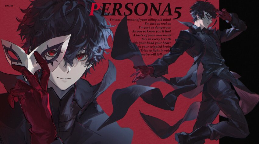 1boy amamiya_ren black_background black_boots black_coat black_hair black_pants black_shirt boots buttons character_name coat copyright_name doran_(doran7280) dress_pants english_text eye_mask film_grain floating_clothes gloves grey_eyes grin highres holding holding_mask joker_(persona_5) leg_up long_coat looking_at_viewer lyrics male_focus mask masked messy_hair multiple_views mystical_high_collar pants persona persona_5 phantom_thief profile red_background red_eyes red_gloves salute shirt short_hair smile two-finger_salute two-tone_background untucked_shirt unworn_mask very_short_hair white_mask