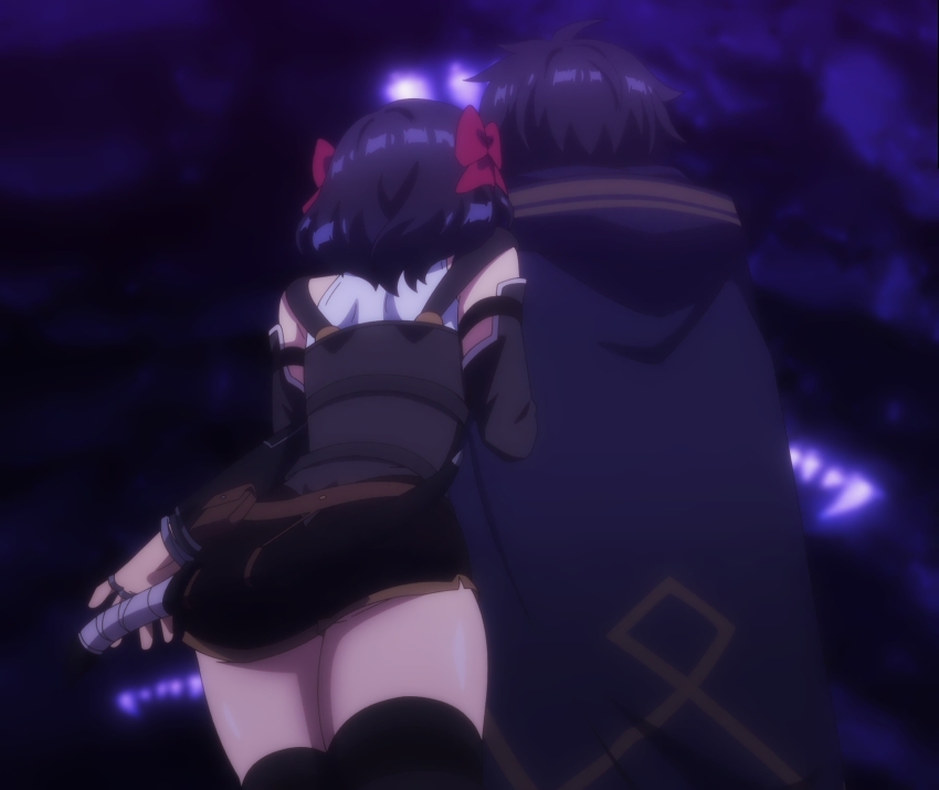 1boy 1girl anime_screenshot black_hair black_romper black_shorts black_thighhighs blue_eyes brown_gloves cape cave center_frills fingerless_gloves frills from_behind gloves highres krai_andrey medium_hair nageki_no_bourei_wa_intaishitai red_ribbon ribbon romper shirt short_shorts shorts sleeveless sleeveless_shirt stitched thick_thighs thighhighs thighs third-party_edit tino_shade white_shirt wide_hips