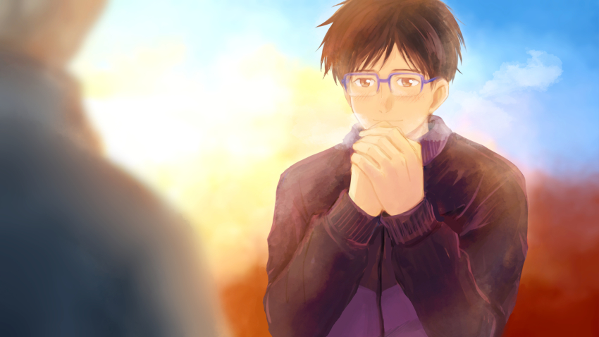 2boys bad_id bad_pixiv_id black_hair blue-framed_eyewear blue_sky blurry blurry_foreground brown_eyes cloud depth_of_field glasses highres jacket katsuki_yuuri male_focus multiple_boys own_hands_clasped own_hands_together sky smile solo_focus takeshi_(mononohu20) track_jacket viktor_nikiforov yuri!!!_on_ice