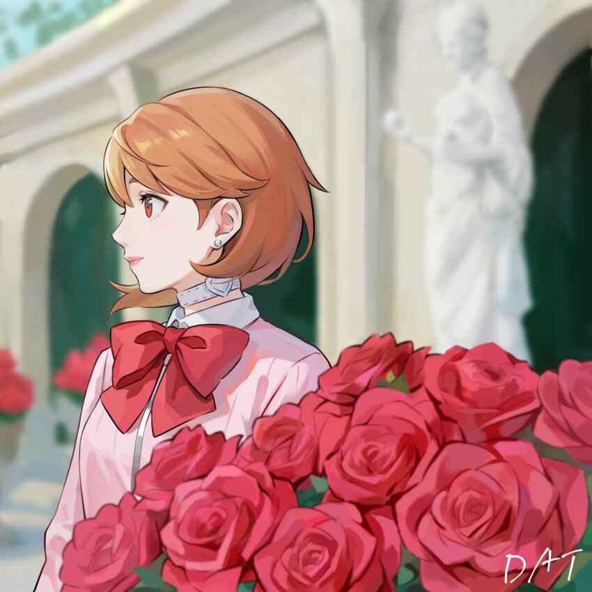 1girl artist_name blurry blurry_background bouquet bow bowtie brown_eyes brown_hair cardigan choker closed_mouth collared_shirt commentary_request da-cart earrings flipped_hair flower gekkoukan_high_school_uniform heart heart_choker highres jewelry light_blush lips long_sleeves looking_to_the_side outdoors persona persona_3 pink_cardigan pink_lips profile red_bow red_bowtie red_flower red_rose rose school_uniform shirt short_hair solo statue stud_earrings takeba_yukari three_quarter_view upper_body white_choker white_shirt