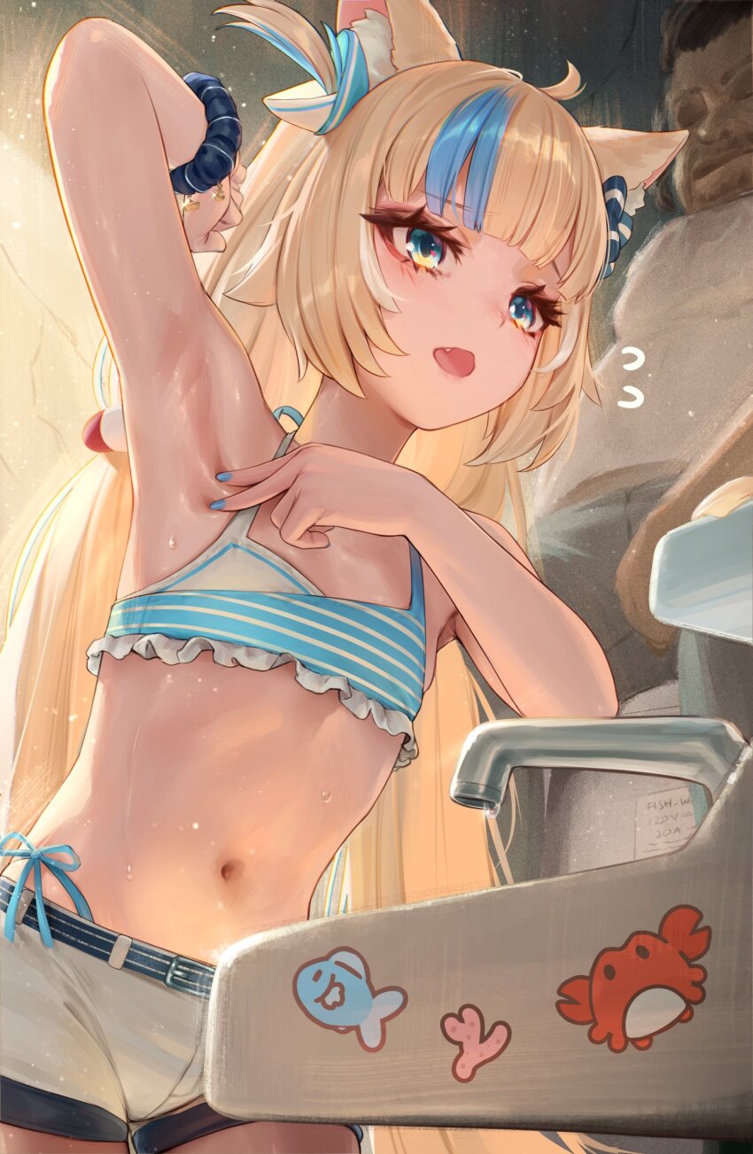 1boy 1girl ahoge animal_ears armpit_focus armpits bikini bikini_under_clothes blonde_hair blue_bikini blue_bow blue_eyes blue_hair blue_nails blue_sailor_collar blunt_bangs bow cat_ears commentary commission dress english_commentary fang flat_chest flying_sweatdrops frilled_bikini frilled_sailor_collar frills hair_bow highres indie_virtual_youtuber indoors lifebuoy_hair_ornament long_hair low_twintails multicolored_hair nail_polish one_side_up open_mouth padoruu partially_unbuttoned presenting_armpit sailor_collar sailor_dress sameko_saba sameko_saba_(1st_costume) scrunchie shorts sleeveless sleeveless_dress solo_focus spread_armpit streaked_hair striped_bikini striped_clothes swimsuit twintails very_long_hair virtual_youtuber white_dress white_hair white_shorts wrist_scrunchie