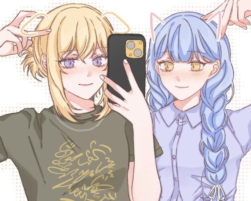 2girls bang_dream! bang_dream!_it&#039;s_mygo!!!!! blonde_hair blue_hair blue_shirt braid brown_shirt cellphone chinese_commentary closed_mouth commentary_request drawn_ears dress_shirt holding holding_phone jewelry long_hair medium_hair misumi_uika multiple_girls necklace phone purple_eyes selfie shirt sidelocks smartphone togawa_sakiko twin_braids upper_body v yuyuyang0402