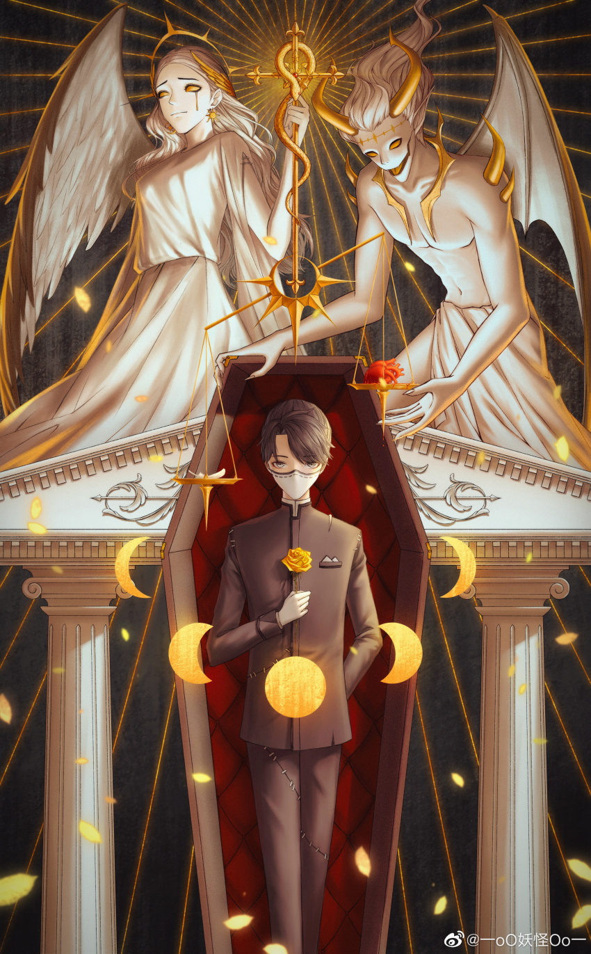 1girl 2boys absurdres aesop_carl angel angel_and_devil angel_statue arm_behind_back balance_scale black_background coffin demon falling_petals feathers feet_out_of_frame flower gloves grey_eyes grey_hair grey_jacket grey_pants highres holding holding_flower identity_v jacket long_sleeves looking_at_viewer low_ponytail male_focus mask medium_hair moon_phases mouth_mask multiple_boys oomonsteroo pants petals pillar pocket_square ponytail red_flower red_rose rod_of_asclepius rose solid_eyes solo_focus standing statue stitches straight-on sunburst surgical_mask swept_bangs watermark weibo_watermark weighing_scale white_feathers white_gloves white_mask yellow_flower yellow_rose