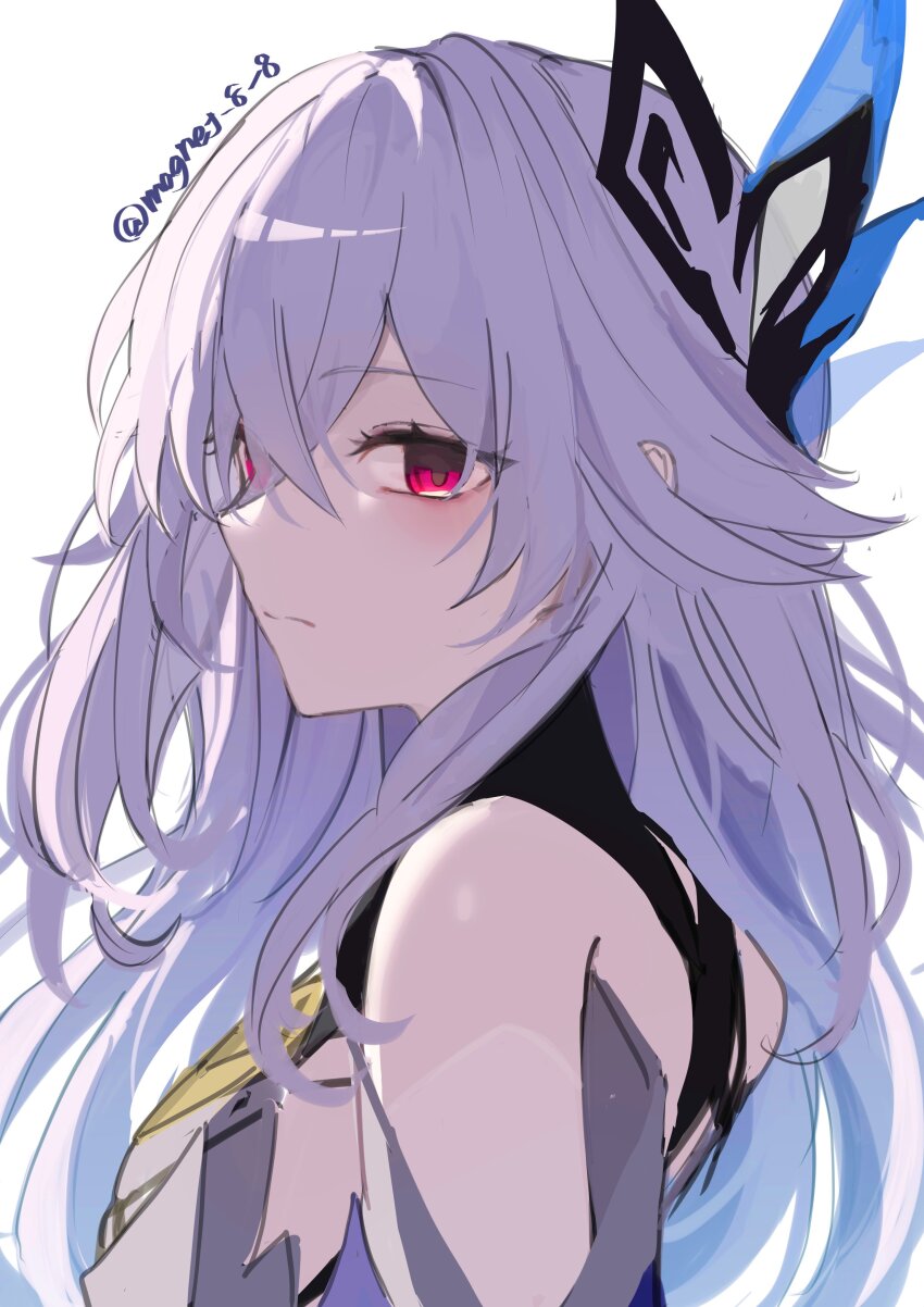 1girl absurdres back_fin bare_shoulders butterfly_hair_ornament closed_mouth genshin_impact hair_ornament highres long_hair looking_to_the_side magnet_8_8 purple_hair red_eyes simple_background skirk_(genshin_impact) solo twitter_username very_long_hair white_background