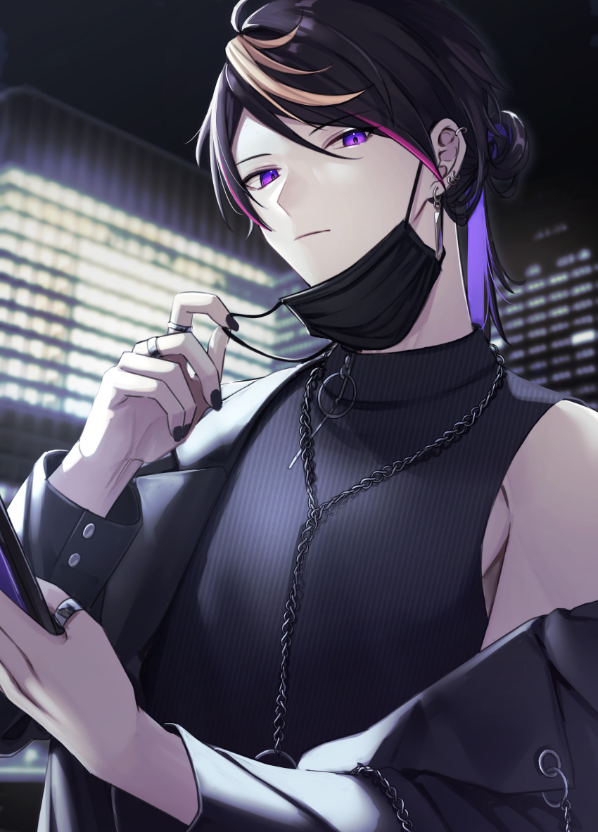 1boy absurdres ahoge black_hair black_jacket black_mask black_nails black_sweater blonde_hair blurry blurry_background building cellphone chain chain_necklace closed_mouth commentary_request ear_piercing earrings expressionless fingernails hair_bun hands_up highres holding holding_phone jacket jewelry lapels long_sleeves looking_at_viewer male_focus mask mask_pull mouth_mask multicolored_hair multiple_rings nail_polish necklace night nijisanji nijisanji_en off_shoulder open_clothes open_jacket outdoors parted_bangs peridot_(periperi_8) phone piercing pink_hair purple_eyes purple_hair ribbed_sweater ring shu_yamino sidelocks single_hair_bun sleeveless sleeveless_sweater smartphone solo streaked_hair sweater swept_bangs thumb_ring turtleneck turtleneck_sweater upper_body virtual_youtuber