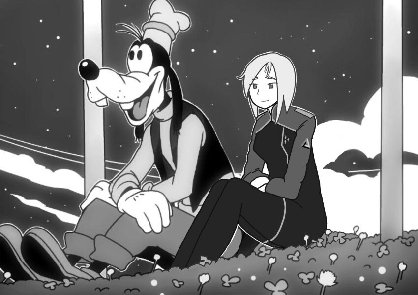 1boy 1girl ariane_yeong bob_cut cloud commentary crossover disney english_commentary field flower flower_field furry furry_male goofy greyscale hands_on_own_knees hat highres meme mickey_mouse_&amp;_friends moapoyon monochrome night night_sky open_mouth penrose_triangle signalis sitting sky smile star_(sky) starry_sky third-party_edit uniform white_hair