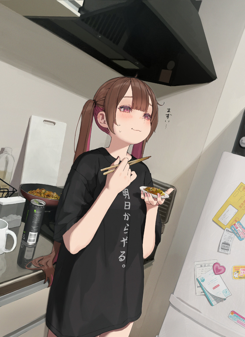1girl absurdres black_shirt blunt_bangs blush brown_hair can chopsticks closed_mouth clothes_writing commentary_request cowboy_shot cup drink_can eating frying_pan hamunezuko_(nezukonezu32) highres holding holding_chopsticks indoors jun_(hamunezuko_(nezukonezu32)) kitchen kitchen_hood long_hair long_shirt multicolored_hair original pink_eyes pink_hair shirt sidelocks slice_of_life solo sweat twintails two-tone_hair very_long_hair