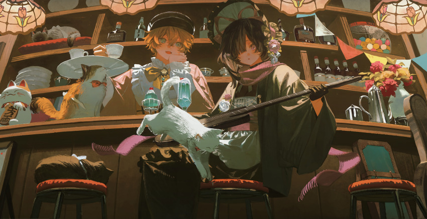 1boy 1girl absurdres androgynous artist_request asymmetrical_hair bar_(place) bar_stool black_gloves black_hair black_hat blunt_bangs bonnet borrowed_character bottle bow bowtie candy candy_jar cat ceiling_light commission counter double-parted_bangs elbow_rest fang fisheye food from_below gloves grey_eyes hair_between_eyes hair_over_one_eye half_gloves hand_on_own_cheek hand_on_own_face hat head_rest highres holding holding_instrument ice_cream indoors instrument instrument_request jar jumping looking_at_another looking_down maneki-neko midair no_lineart on_stool open_mouth orange_hair original parted_lips peaked_cap plate purple_scarf scarf second-party_source sitting stool sundae sweater_guard vase white_cat wine_bottle yellow_bow yellow_bowtie