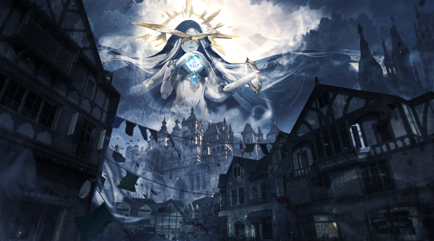 1girl absurdres armlet benghuai_xueyuan bracelet building chinese_commentary city cityscape cloud cloudy_sky commentary_request extra_arms giant giantess halo highres honkai_(series) jewelry lifeline_(a384079959) official_art outdoors scenery sky solo will_of_the_abyss_(benghuai_xueyuan)