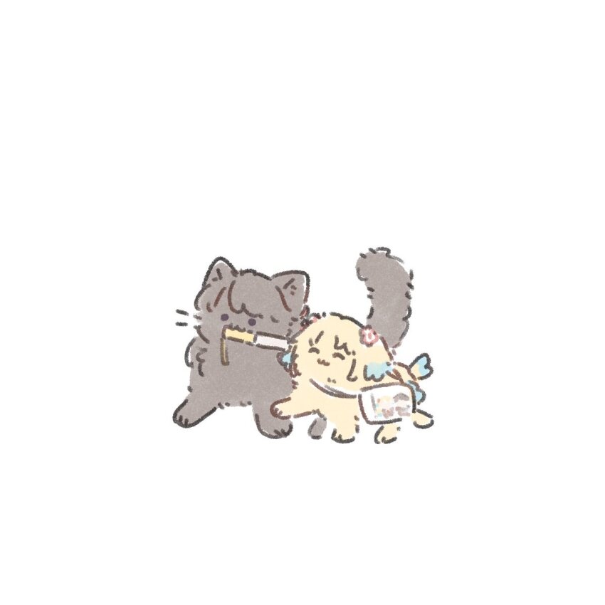 :3 animal animal_focus animalization ao_kaeru bag brown_cat cat character_doll closed_mouth commentary_request dog flower fujishima_megumi glowstick hair_flower hair_ornament highres link!_like!_love_live! love_live! mouth_hold negative_space no_humans osawa_rurino parted_bangs penlight_(glowstick) pink_flower shoulder_bag simple_background smile transparent_bag twintails virtual_youtuber walking white_background yellow_dog