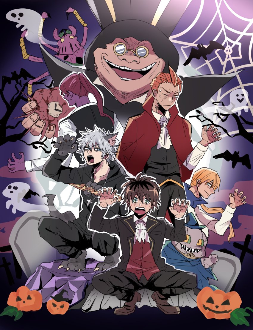 6+boys absurdres black_hair blonde_hair bug cape colored_skin coro_(leocorok) darren_shan desmond_tiny dual_persona fur-trimmed_gloves fur_trim gannen_harst gloves halloween halloween_costume harkat_mulds hat highres kurda_smahlt larten_crepsley long_hair madam_octa multiple_boys old old_man orange_hair ponytail pumpkin purple_skin red_hair scar scar_on_face short_hair smile spider steve_leonard the_saga_of_darren_shan top_hat vampire_costume white_hair