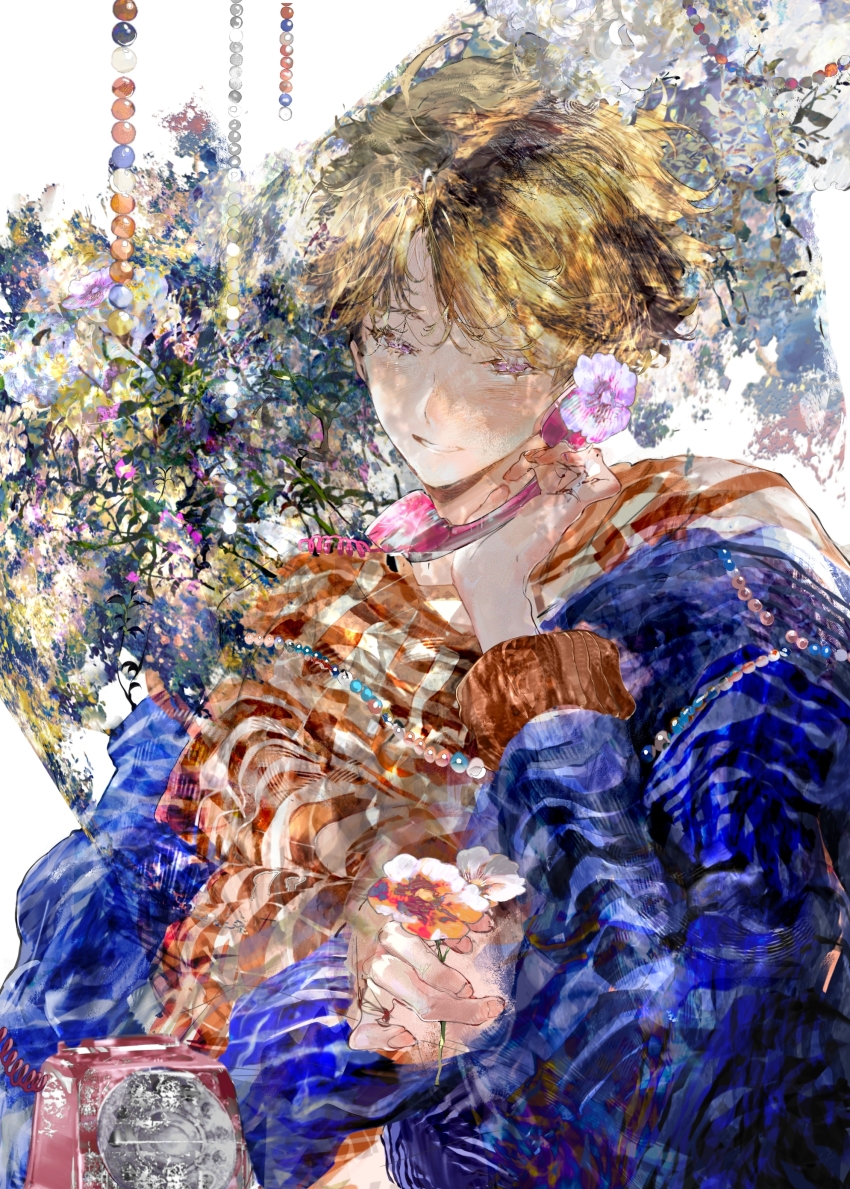 1boy absurdres beads blonde_hair blue_sweater chinese_commentary colored_eyelashes commentary_request ensemble_stars! flower highres holding holding_flower long_sleeves male_focus narukami_arashi necessarytothink orange_scarf pink_eyes plaid_clothes plaid_scarf procreate_(medium) scarf short_hair smile solo sweater upper_body white_flower