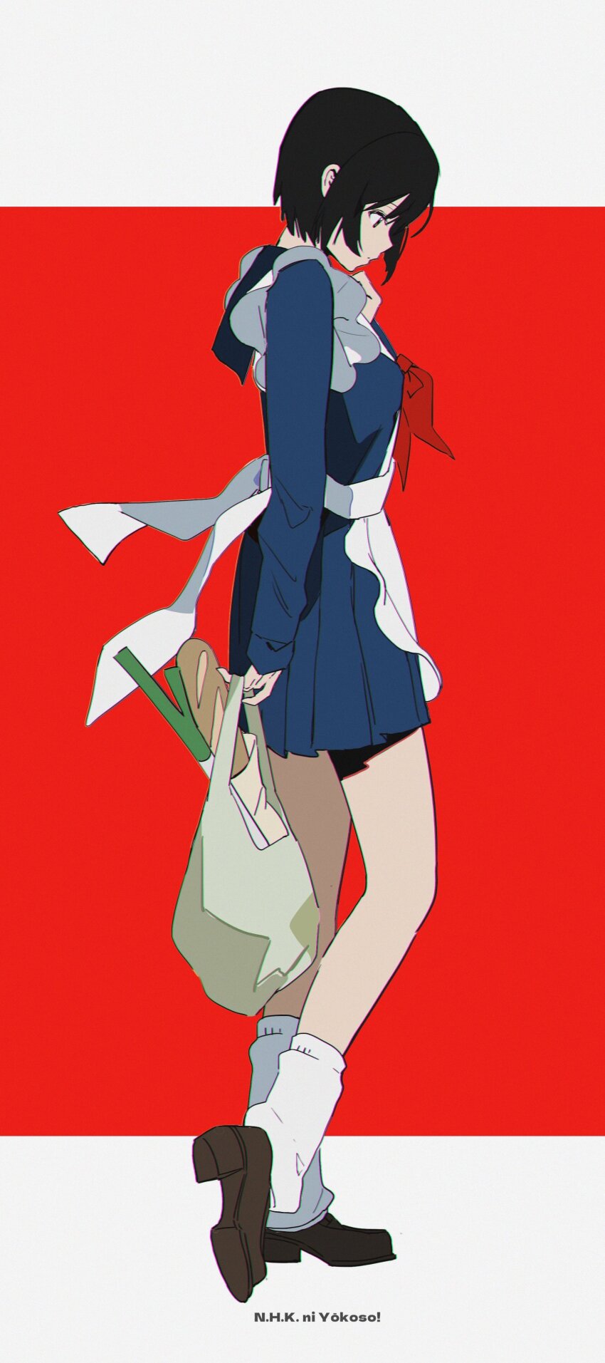 1girl absurdres apron bag black_hair bread brown_shoes closed_mouth copyright_name dot_mouth expressionless food from_side full_body head_down highres holding holding_bag loafers long_sleeves looking_ahead loose_socks maid_apron monochrome_background nakahara_misaki neckerchief nhk_ni_youkoso! plastic_bag profile red_background red_neckerchief shoes short_hair simple_background socks solo spring_onion standing standing_on_one_leg white_apron white_socks z3zz4