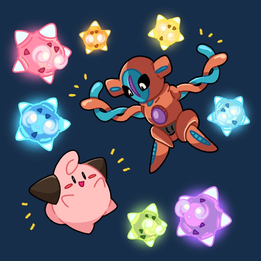 :d black_sclera blue_background blush_stickers cleffa colored_sclera deoxys full_body gen_2_pokemon gen_3_pokemon gen_7_pokemon highres looking_at_another minior minior_(core) mythical_pokemon nintendo no_humans nose_poke000 open_mouth pokemon pokemon_(creature) simple_background smile standing tentacles white_eyes