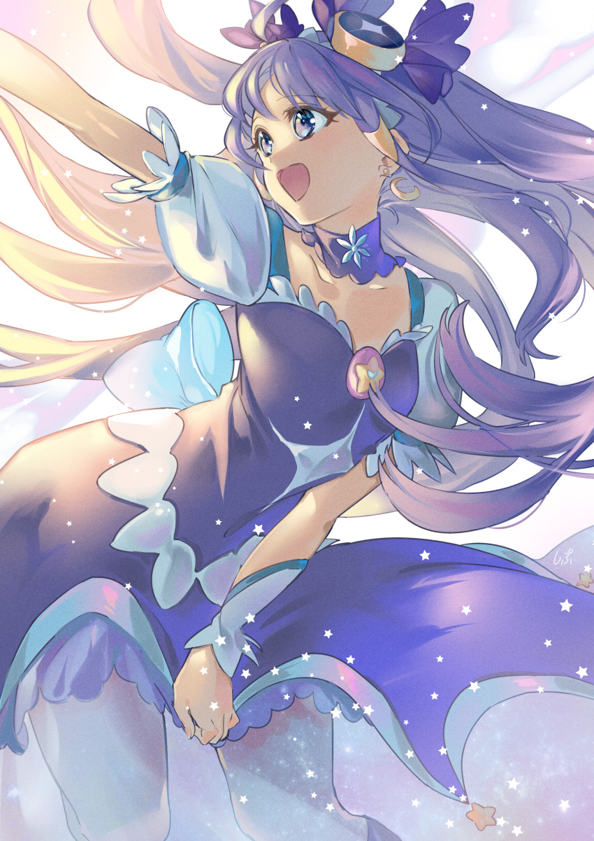 1girl :d absurdres blonde_hair blue_eyes choker collarbone covered_navel crescent crescent_earrings cure_selene dress dress_tug earrings floating_hair gradient_hair highres jewelry kaguya_madoka kneehighs long_hair multicolored_hair open_mouth outstretched_arm precure purple_choker purple_dress purple_hair shipu_(gassyumaron) short_sleeves smile socks solo star_twinkle_precure very_long_hair white_sleeves