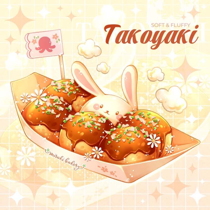 animal-themed_food artist_name chocomiruki commentary daisy english_commentary english_text flag flower food food_focus gradient_background grid_background light_particles no_humans octopus orange_background original rabbit sparkle steam takoyaki white_flower yellow_background zoom_layer