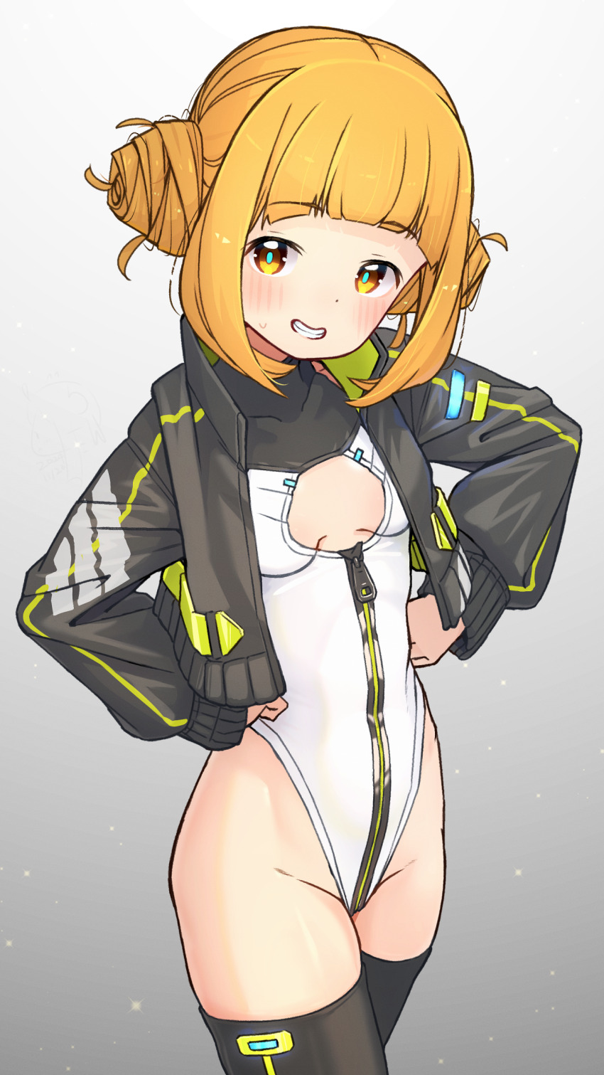 1girl absurdres alice_gear_aegis black_jacket black_thighhighs blonde_hair breasts circle_cutout cleavage_cutout clothing_cutout commentary_request companion/af covered_collarbone cowboy_shot double_bun front_zipper full-length_zipper gradient_background grey_background grin hair_bun hands_on_own_hips heattech_leotard highleg highleg_leotard highres jacket leotard looking_at_viewer multicolored_leotard race_queen short_hair sleeveless_turtleneck_leotard small_breasts smaragdus_viridi smile solo takahata_nodoka thighhighs turtleneck two-tone_leotard white_leotard yellow_eyes zipper zipper_leotard zipper_pull_tab