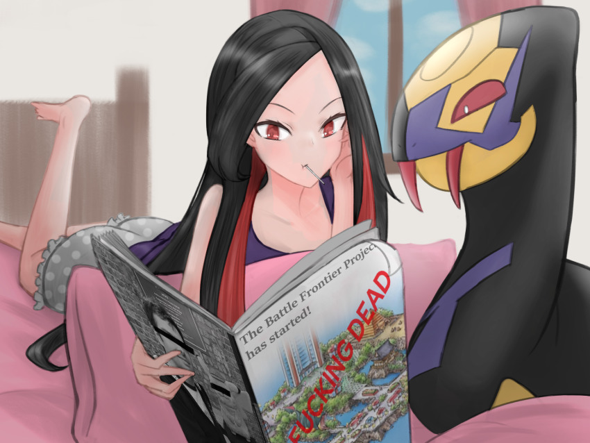 1girl battle_frontier_(pokemon) bed black_hair bloomers censored censored_identity curtains cushion drawfag frontier_brain gen_1_pokemon gen_3_pokemon highres joe_merrick long_hair lucy_(pokemon) magazine_(object) nintendo pikachu pokemon pokemon_(creature) pokemon_emerald pokemon_rse reading red_eyes red_hair seviper snake tagme underwear window