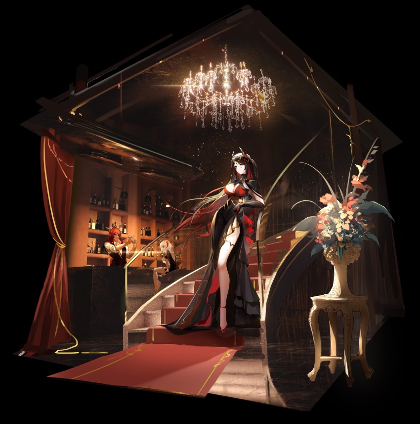 1boy 2023 2girls absurdres alternate_costume anklet arknights back_cutout bar_(place) black_background black_capelet black_dress black_gloves black_hair black_vest bottle breasts brown_eyes capelet chandelier chinese_commentary cleavage clothing_cutout cocktail_dress colored_inner_hair commentary_request curtains dark-skinned_male dark_skin dress elbow_gloves expressionless eyelashes feather_hair_ornament feathers flower full_body gloves hair_ornament high_heels highres hoederer_(arknights) indoors ines_(arknights) jewelry large_breasts long_hair looking_ahead multicolored_hair multiple_girls on_stool parted_bangs pink_flower plant potted_plant red_dress red_hair red_shoes shirt shoes side_slit simple_background sitting sleeves_rolled_up solo_focus stairs streaked_hair textless_version thighlet tianming two-tone_dress very_long_hair vest w_(arknights) white_hair white_shirt wine_bottle yellow_flower