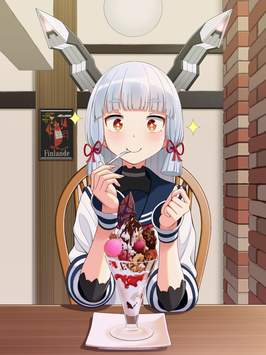 1girl absurdres blue_sailor_collar blush closed_mouth dress eating fingernails food hair_ribbon headgear highres holding holding_spoon kantai_collection long_hair murakumo_(kancolle) orange_eyes parfait red_ribbon ribbon sailor_collar sailor_dress silver_hair sitting smile solo sparkle spoon tress_ribbon tussy white_dress